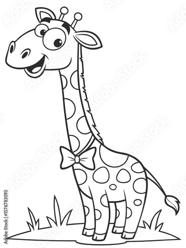 A tall, smiling cartoon giraffe wearing a bowtie and blinking one eye. Drawn in black-and-white line art, minimal details, great for young kids to color
