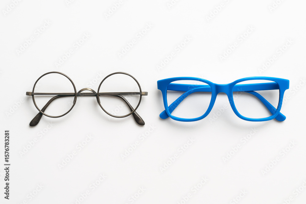 Fototapeta premium Round Metal Glasses and Blue Plastic Glasses on White Background