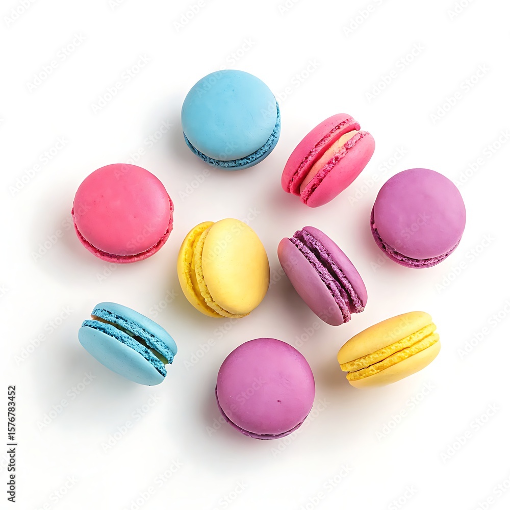 Fototapeta premium A delicious assortment of colorful French pastry macaroons isolated on a white background
