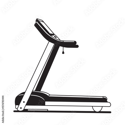 Black and white treadmill illustration depicting fitness and exercise equipment in modern style
