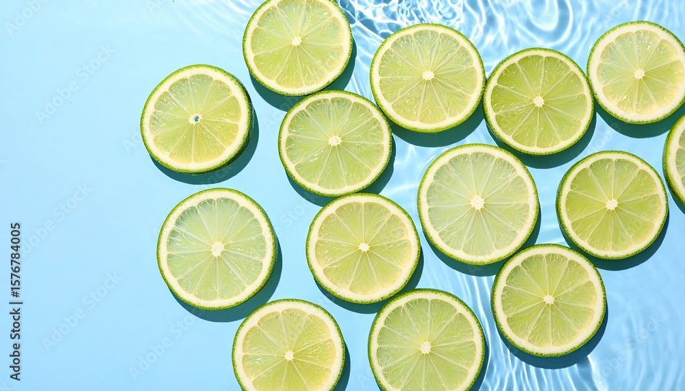 Lime slices on blue surface with water ripples Lime slices on blue surface with water ripples