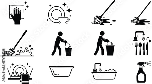 Collection of cleaning icons showing different household chores tasks