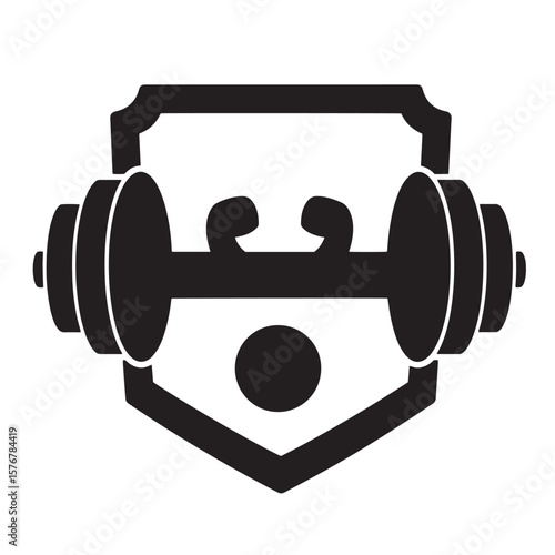 Fitness shield logo with barbells symbolizing strength and exercise in minimalist design