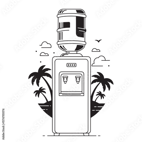 Monochrome illustration of water cooler in tropical beach scene with palm trees and clouds