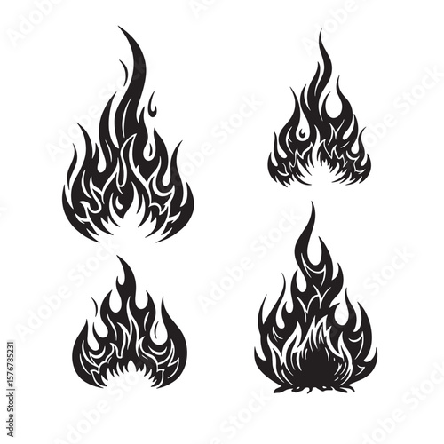Set of four black and white fire flames vector illustration isolated on white background