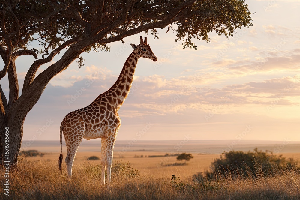 Obraz premium A majestic giraffe grazing peacefully in a vast open plain its long neck reaching high into the tree branches