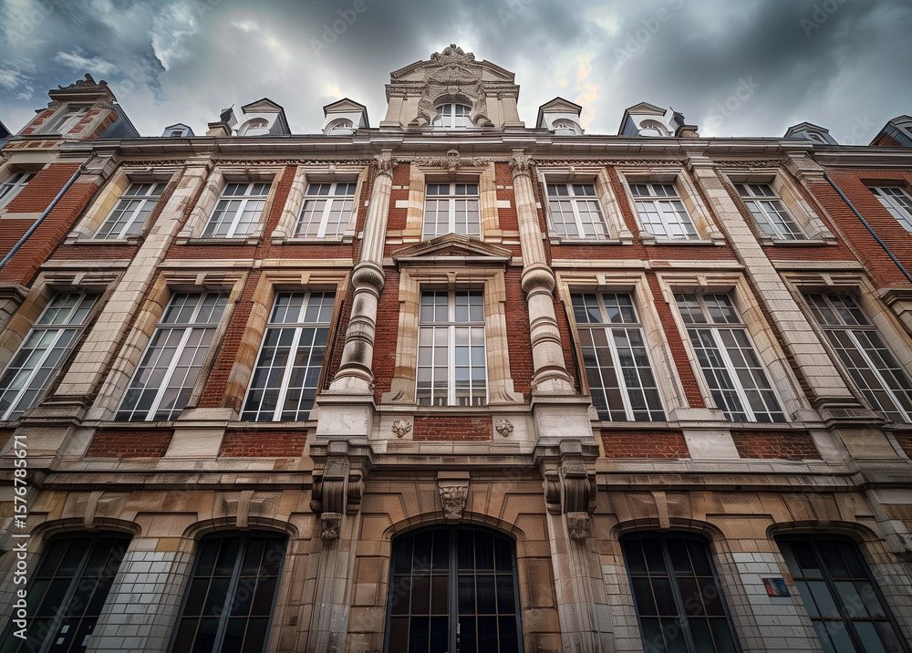Fototapeta premium Wide-angle exterior photo of a building showcasing modern and historical architecture