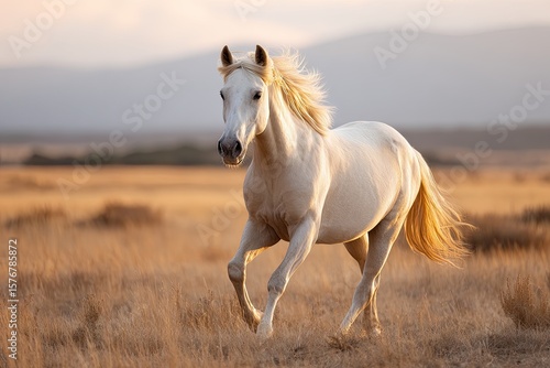 A majestic horse running freely across the wide-open plains at sunrise its mane flowing in the wind while the