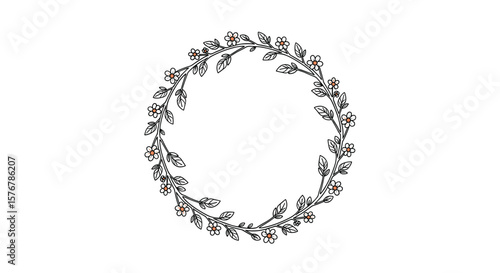 Exquisite delicate botanical circular wreath frame with tiny blooms and leaves creating elegant decorative border for invitations cards and digital designs