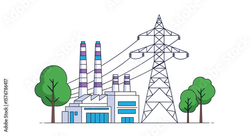 Industrial power generation plant supplying electricity through transmission towers and utility lines to surrounding green environment and trees