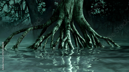 Mysterious mangrove tree roots submerged tranquil, dark green water, creating an atmospheric scene.