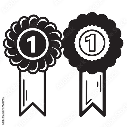 Two black and white champion ribbons representing first place achievement and victory