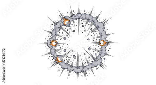 A circular explosion of debris smoke and light with three small fiery impacts visible against a white background
