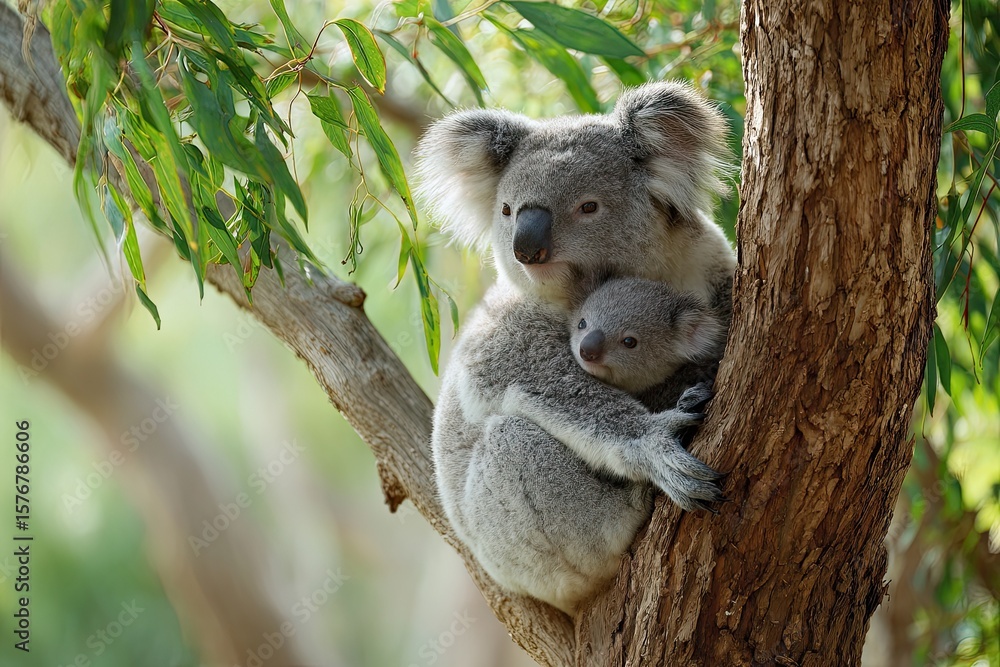 Fototapeta premium A mother koala clings to the trunk of a eucalyptus tree with her baby nestled in her arms surrounded