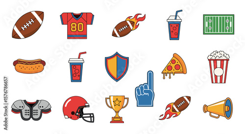 Exciting pixel art icons capturing the thrill of american football games food and victory trophies