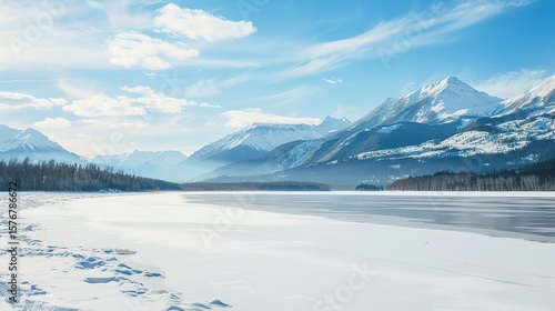 Wallpaper Mural A serene winter lake lies in the midst of snow - covered mountains, with its shoreline frozen. The still water of the lake reflects the majestic peaks, and the white snow adds a touch of purity and tr Torontodigital.ca
