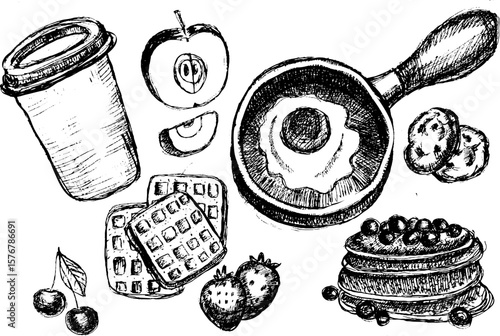 Sketch of breakfast items including eggs, fruit, and coffee cup 