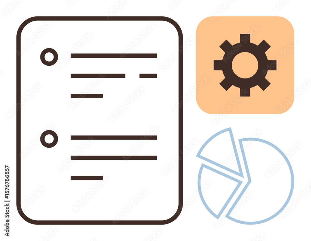 Fototapeta premium Task list with two bullets, orange gear symbol for settings, and a light blue pie chart. Ideal for productivity, workflow, project management, data analysis, planning, business strategy simple flat