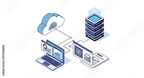 Modern digital infrastructure concept utilizing cloud computing and server networks for data analysis and business intelligence solutions