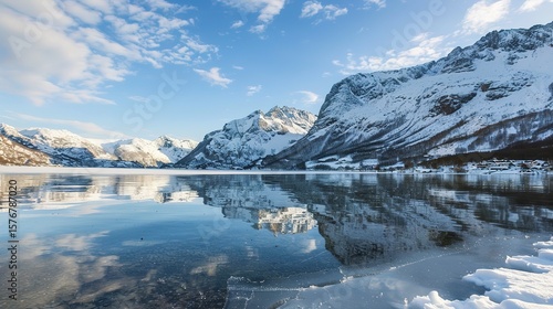 A serene winter lake lies in the midst of snow - covered mountains, with its shoreline frozen. The still water of the lake reflects the majestic peaks, and the white snow adds a touch of purity and tr