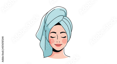 A serene woman with her eyes closed and a contented smile wrapped in a light blue towel on her head looking refreshed