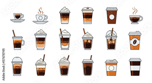 Pixel art coffee drinks collection featuring various types of hot and cold brewed coffee beverages