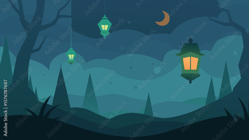 Vector illustration of a dark Halloween night landscape with a castle, moon, and trees silhouetted against a blue sky Vector illustration of a dark Halloween night landscape with a castle, moon, and trees silhouetted against a blue sky