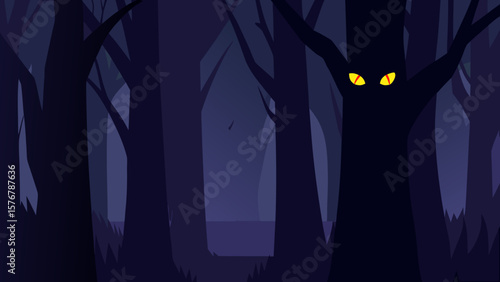 Spooky Halloween night landscape with a dark forest, silhouetted trees, and a full moon shining through the star-filled sky, perfect for a scary illustration