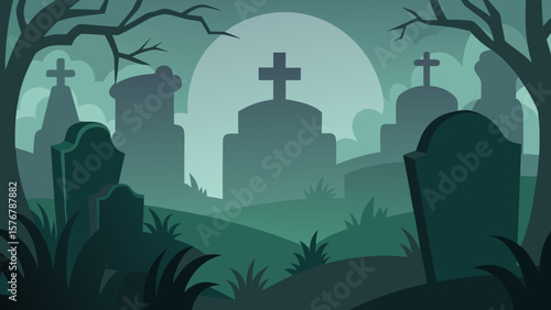 Spooky Halloween vector illustration of a scary urban cemetery skyline at night with silhouetted buildings and a full moon