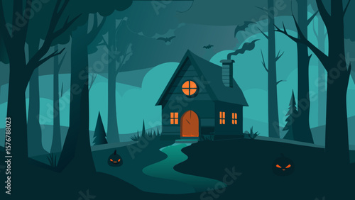Mysterious Dark Forest House Spooky Halloween Night Illustration