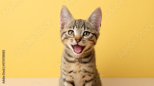 A playful striped cat with a joyful expression sitting in front of a pastel yellow background The golden soft