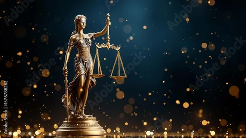 Justice statue close-up, dark background, golden scales, focused lighting