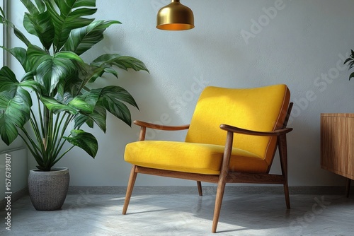 A yellow armchair is next to a monstera plant, with a gold lamp above. Showcase style in interiors or concepts for modern living rooms.