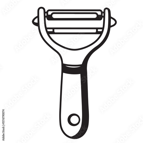 Black and white drawing of a swivel peeler kitchen utensil vegetable peeler