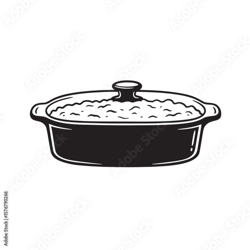 Black and white illustration of a casserole dish filled with food cooking kitchenware