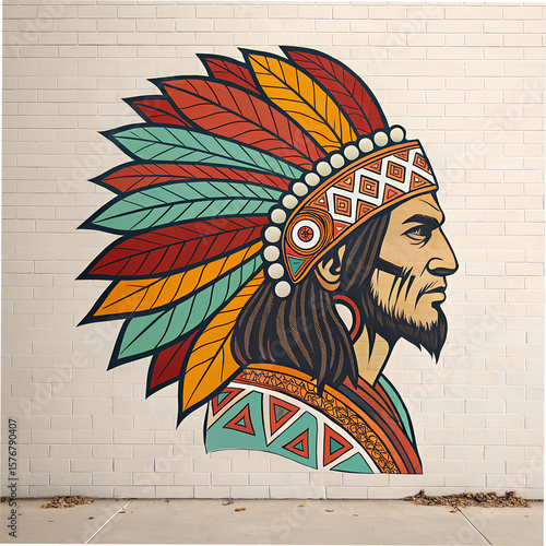Native American Headdress Mural: Brick Wall Art