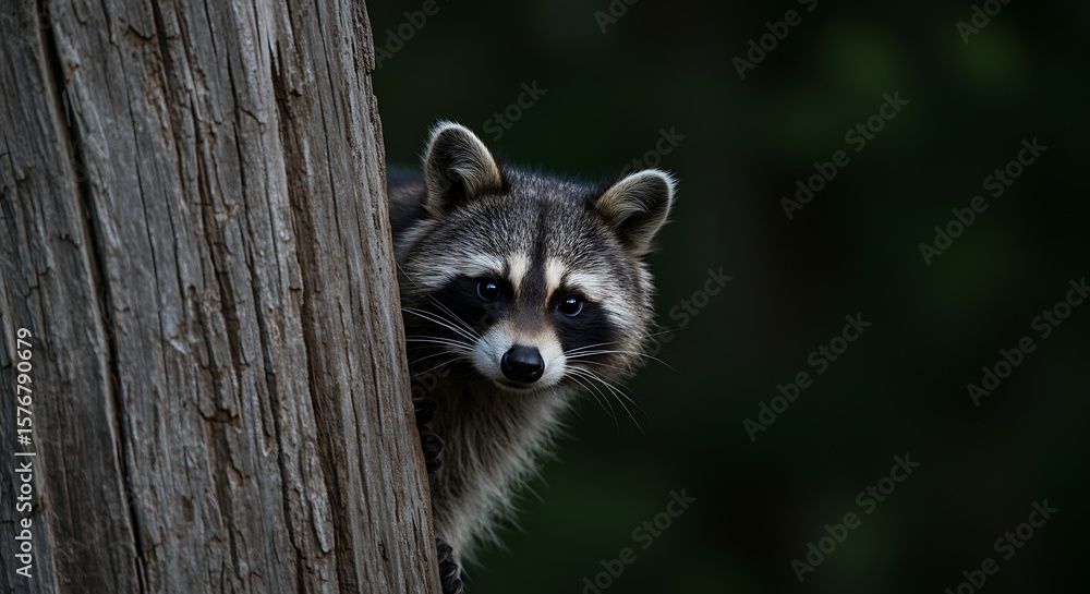 Obraz premium Raccoon Peeking Behind Tree at Twilight