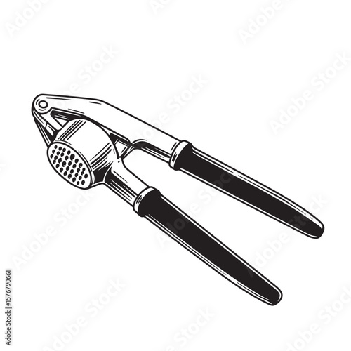 Black and white illustration of a metal garlic press with black handles kitchen tool cooking utensil