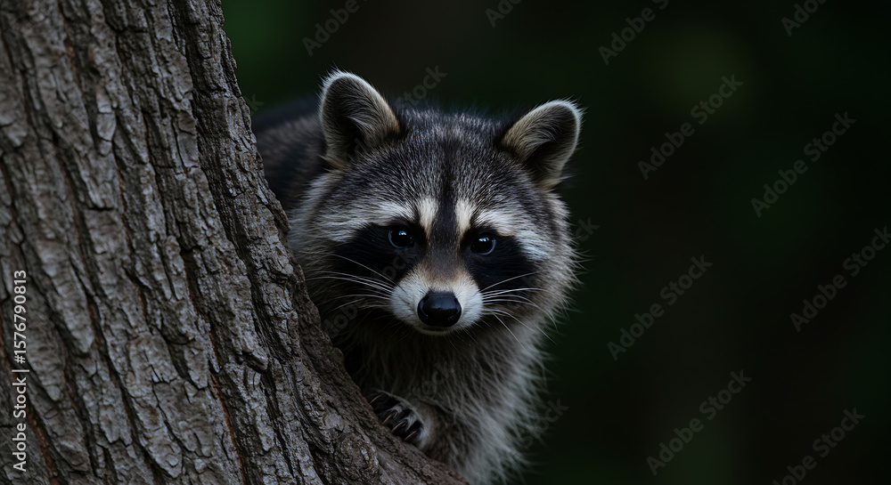 Obraz premium Raccoon Peeking Behind Tree at Twilight