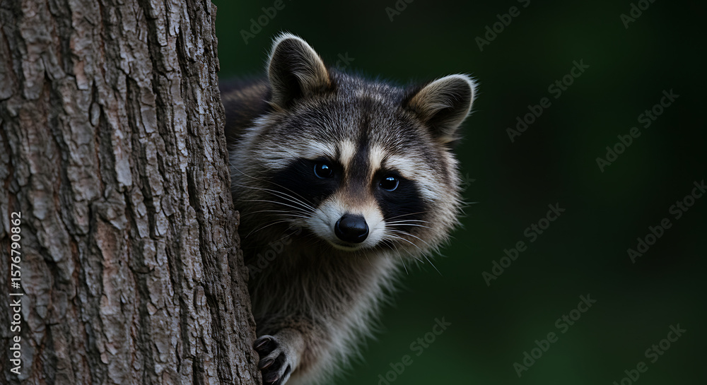 Obraz premium Raccoon Peeking Behind Tree at Twilight
