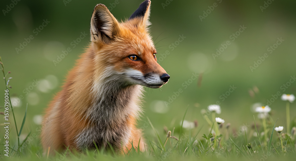 Naklejka premium Red Fox Sitting in Spring Meadow at Golden Hour 