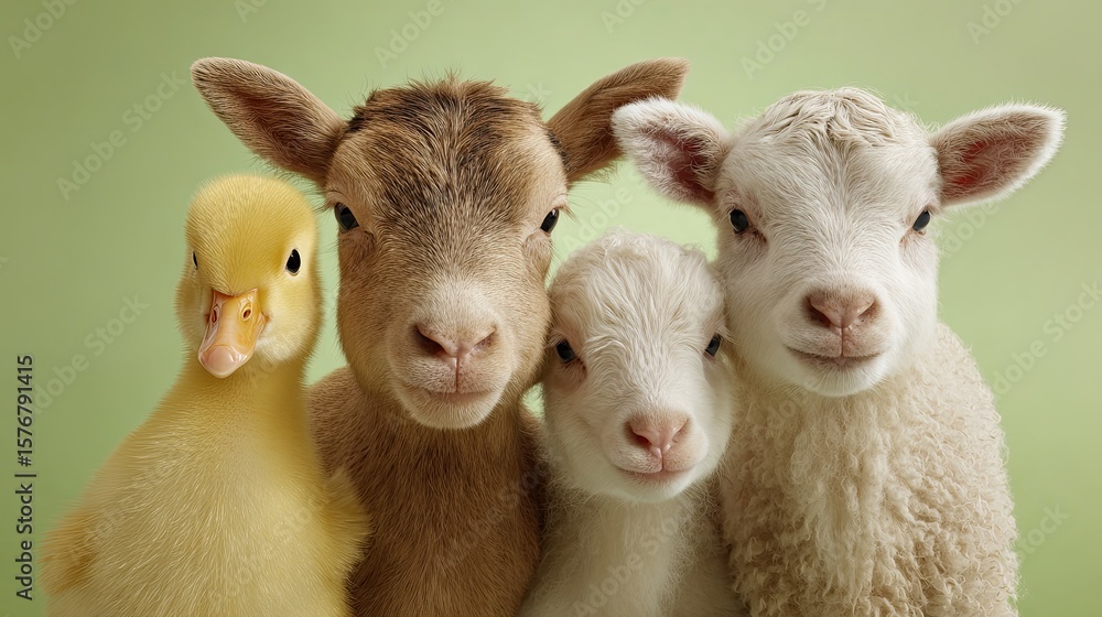 Obraz premium An adorable group of farm animals a duckling a calf a lamb and a chicken standing together in front