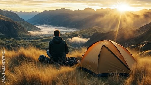 A person sits near a tent, gazing at a breathtaking mountain landscape at sunset.