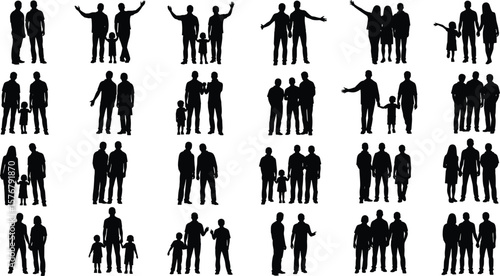 Silhouettes of families and people in standing and welcoming poses, parents with children, human figures, black vector design, isolated illustration