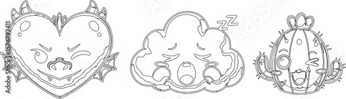 Cute cartoon characters vector illustration: heart dragon, sleepy cloud, and winking cactus design