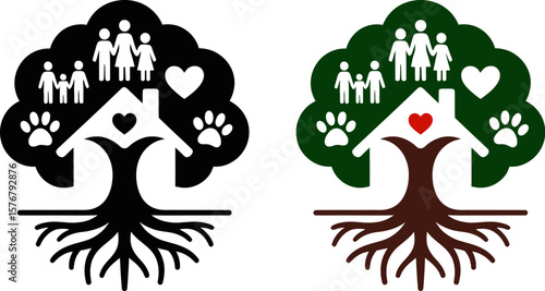 Family tree house with pets vector illustration for real estate and home insurance concept design