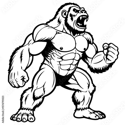 Muscular angry gorilla black and white illustration
