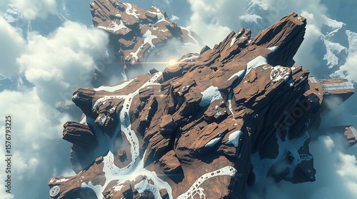 Aerial view floating mountain terrain with clouds