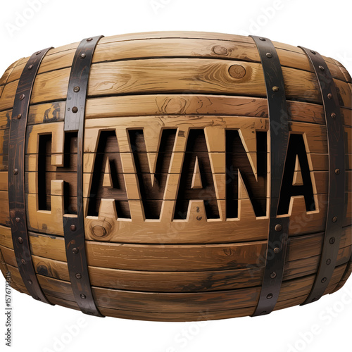 Rustic Wooden Barrel with "Havana" Text, Vintage Rum Whiskey Storage, Cuban Bar Decor Illustration on Transparent Background