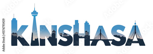 Kinshasa Skyline Word Art Vector – Modern Blue Gradient Cityscape Silhouette with Landmarks for Travel, Posters, Design, and Branding